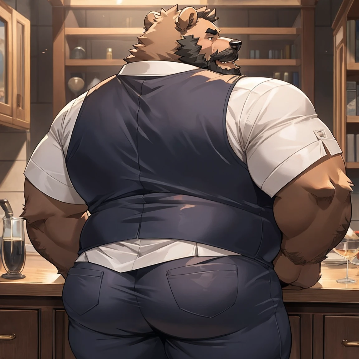Chubby, hairy,male , 人類Bear, Very plump, middle aged , Mouth covers mustache,Thick beard, Tempting , detailed , Half Body , Tight vest, Very sexy,The Beast(Bear), Big Ass,No pants,Buttocks close-up,Back to,Turn your head