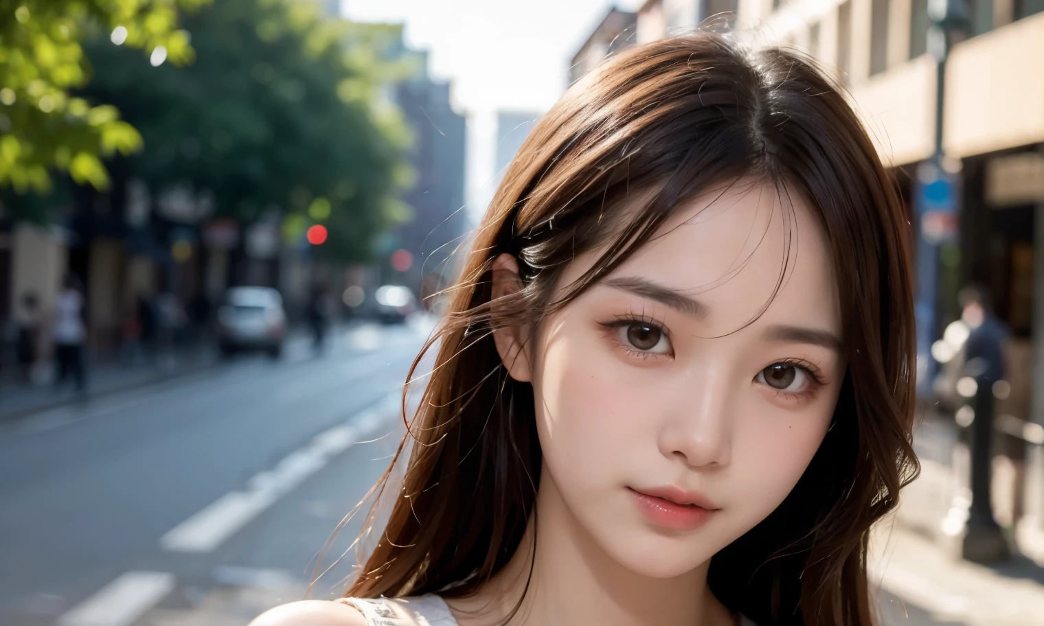 (Highest quality,masterpiece:1.3,Ultra-high resolution),(Very detailed,Caustics,8K),(Realistic:1.4,RAW shooting),22 years old,,(I'm looking at the camera with a smile on my face)Brown Hair,Medium Hair、Korean model Soft sunlight,Natural light、Street Snap、Solo Snap、Natural color lip、Korean、Hanging eyes