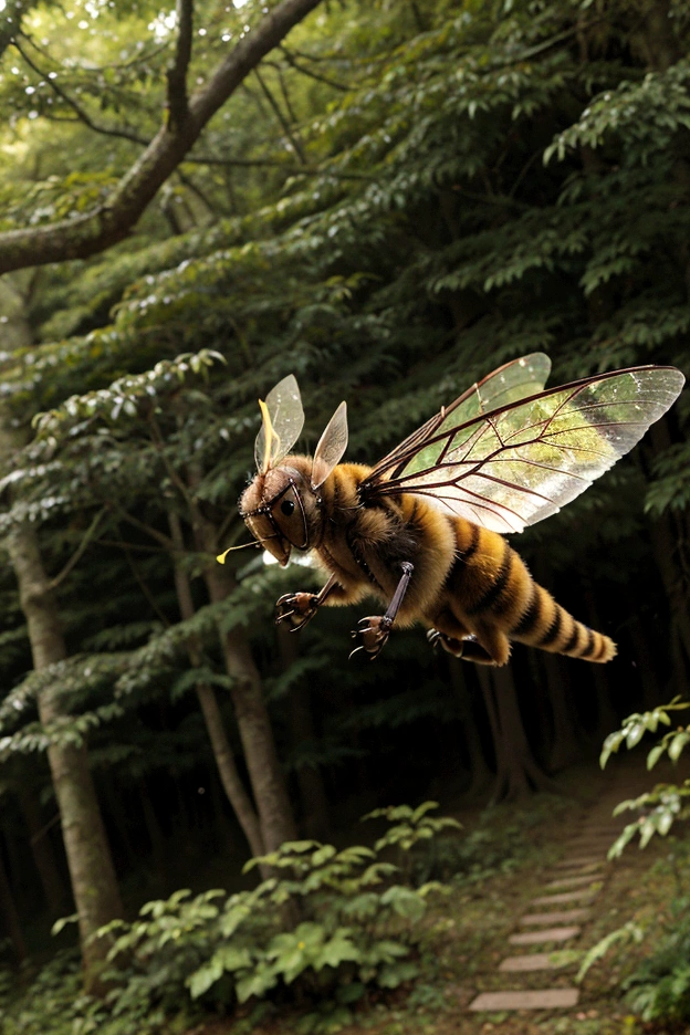 in the forest、Flying hornet、 Moving its wings at high speed