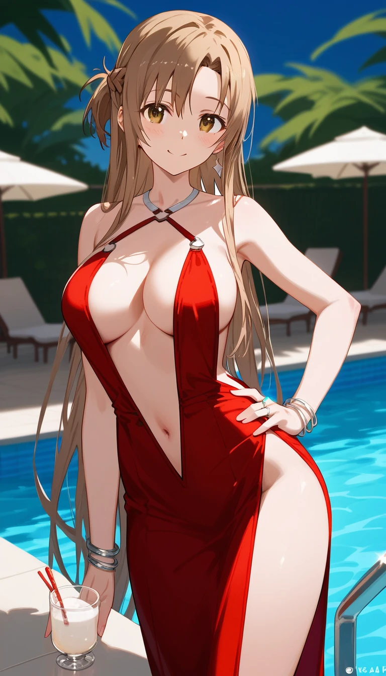 score_9,score_8_up,score_7_up,18 year old,1girl,asuna \(sao-alo\), sword art online,yuuki asuna,solo,nsfw,brown eyes, brown hair, long hair, bangs, braid,standing,hand on hip, holding cup,seductive-smile,blush,large breasts,brown hair,parted hair,long hair,red dress
,plunging neckline,wedding ring,center opening,cleavage,navel,earrings,bracelet,pool ,