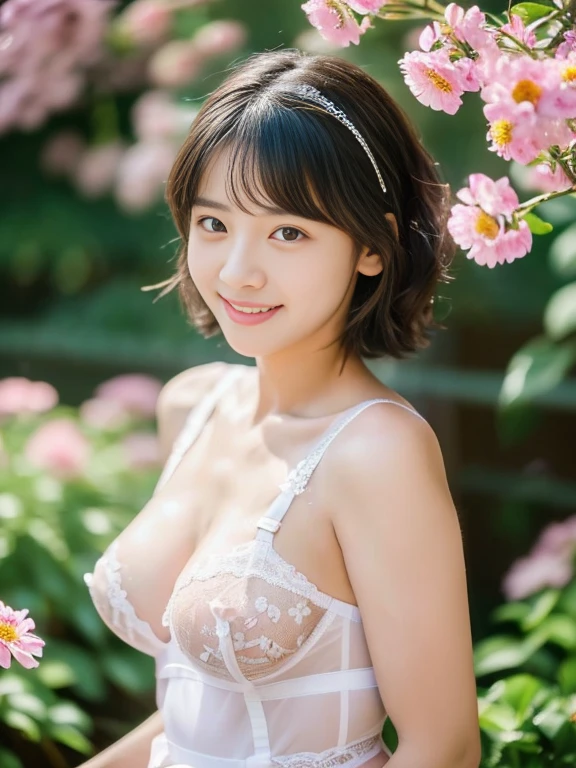 masterpiece、super high quality、crystal clear、RAW UHD format、18-year-old princess、Photo of a beautiful girl fighting evil、((Beautiful body forged through training、sports girl))、healthy beautiful girl、(Tired smile、sleepy eyes)、droopy eyes、high resolution glowing eyes、(((perfect anatomy)))、(Gravure photography)、crystal clear、clear、shallow depth of field、cute face、blurred background、Small pores in the skin、oily skin、complicated eyes、fine skin、((Berry short hair、brown hair))、(((short hair、messy hair、messy hairstyle)))、(((no makeup、Face and chest covered in semen and sticky liquid..)))、(((sweaty skin、Sperm in the skin)))、(((Adult video heroine ninja high school girl)))、cute smile、A special smile、 photo realistic:1.4), (hyper realistic:1.4), (realistic:1.3), (smoother lighting:1.05), (Improve the quality of movie lighting:0.9), 32k, 1 girl,20 year old girl, realistic lighting, Backlight, light shines on your face, ray tracing, (bright light:1.2), (Improvement of quality:1.4), (Highest quality realistic textured skin:1.4), fine eyes, detailed face, high quality eyes,fine skin texture (smile)、(very short hair、Berry short hair), (Enhances the mood of your body line:1.1), (Enhances the beauty of skin texture:1.1) (very small breasts、very small areola、small nipples)、sweaty skin、、、(((garter belt、garter ring、garter stockings bright flowers々surrounded by 、A lot of beautiful flowers、surrounded by flowers、The background is all flowers、Colorful beautiful flowers surrounded by a floral background for an indoor atmosphere。)))、