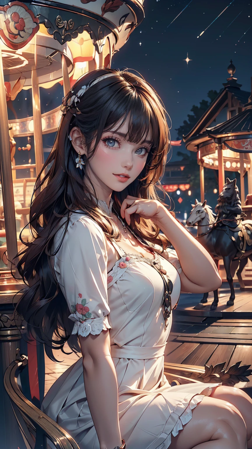 (8K, RAW Photos, Highest quality, masterpiece:1.2), (Realistic, photo-Realistic:1.37) , One girl, (carousel, night), Miao Xiaozi(secret_tea), Detailed face, Fine grain, Black Dress