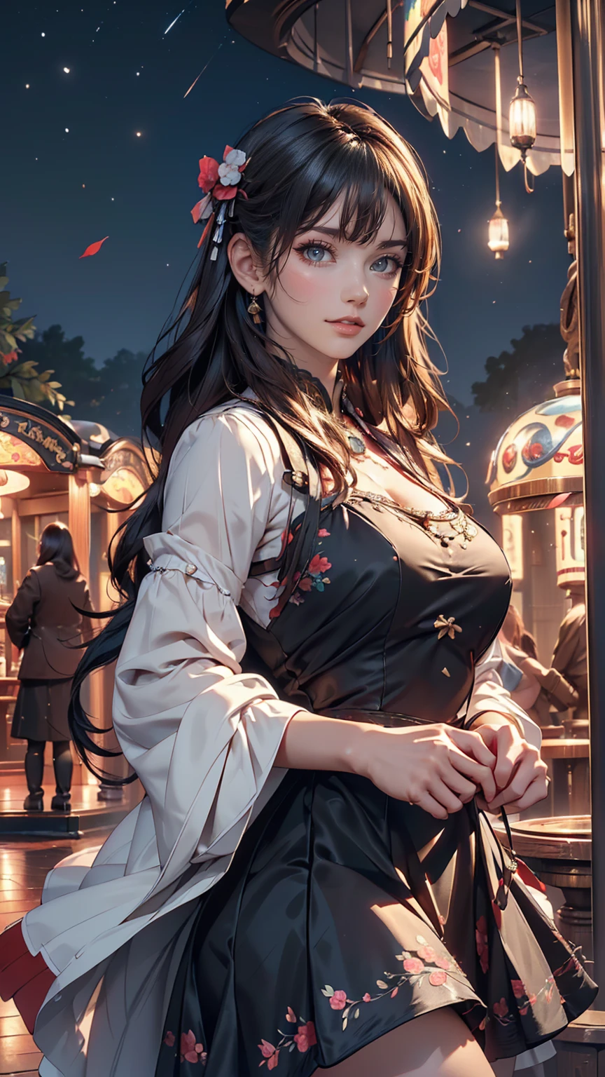(8K, RAW Photos, Highest quality, masterpiece:1.2), (Realistic, photo-Realistic:1.37) , One girl, (carousel, night), Miao Xiaozi(secret_tea), Detailed face, Fine grain, Black Dress