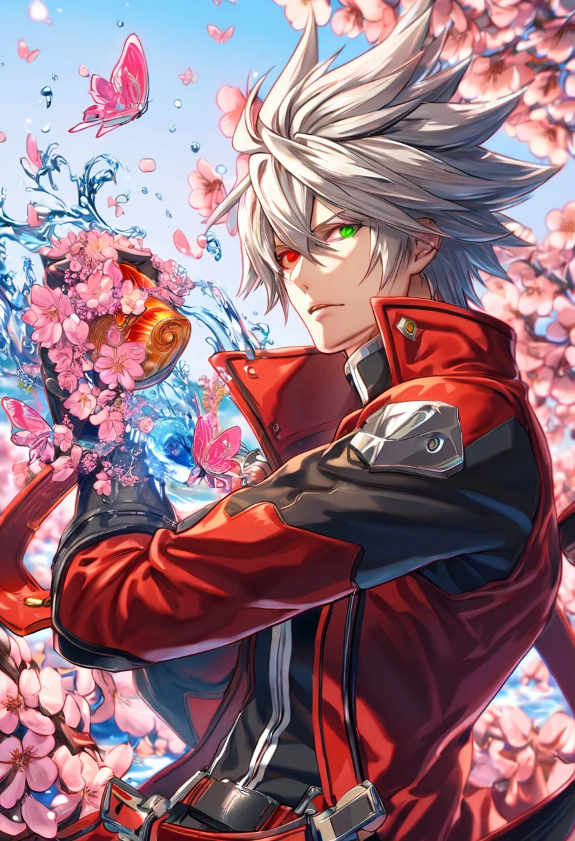 (absurdres, highres, ultra detailed, HDR) master piece, best quality, delicated features, Ragna the bloodedge, white spiky hair, heterochromia, his left eye being green, his right being red, Blazblue, his clothing consists of a hybrid of modern, futuristic and old features, he wears a vibrant red sleeved jacket, under it is a black shirt with three red belts and also several belts covering his right arm, he wears a pair of black gloves with a red shell on the backs of the hands, solo, sexy man, handsome, water, blossoms, pink butterflies, pink flowers