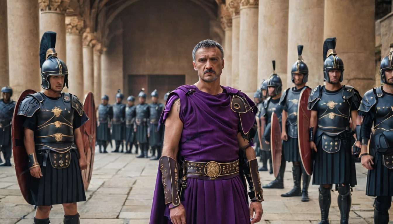 A cinematic photo of an ancient Roman praetorian guard, 40 years old, with handsome features and strong arms. They are dressed in black armor and carry long rectangular shields adorned with Roman symbols. Their purple togas hang over their shoulders and their helmets rest on their heads. He stands guard next to the Roman emperor who is in toga and luxurious jewelry inside the luxurious imperial palace, where a throne sits. The atmosphere is intense and dramatic, focusing on the guards' unwavering loyalty and strength., cinematic, photo