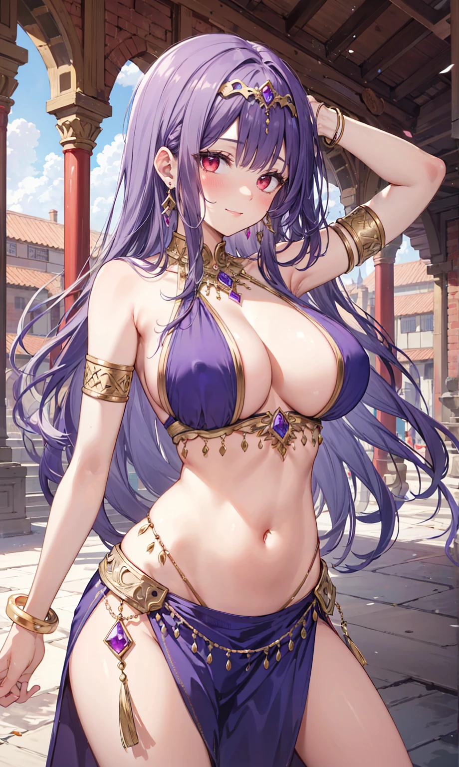 high quality, ultra detailed, best quality, insanely detailed, beautiful, masterpiece, 1girl, medieval plaza, cowboy shot, red eyes, long hair, purple hair, belly dancer, circlet, earrings, armlets, bracelets, bashful smile, large breasts, cleavage, soft stomach