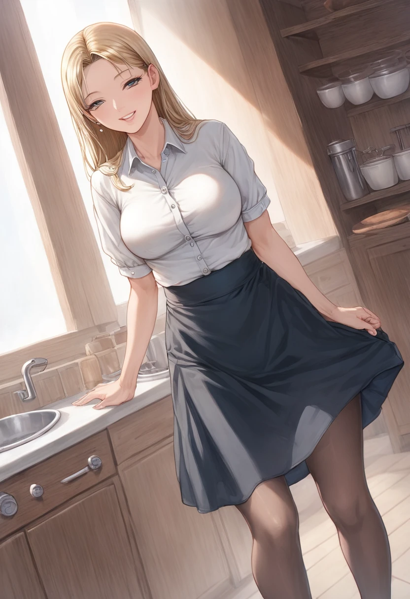 Anime, 2d anime, cartoon anime, detailed illustration, dynamic angle, ultra-detailed, illustration, full body shot, 1girl, 1950’s stay at home wife, button up blouse and long skirt, anime half closed eyes. A knowing smile, standing in kitchen, domestic goddess, blonde white American woman