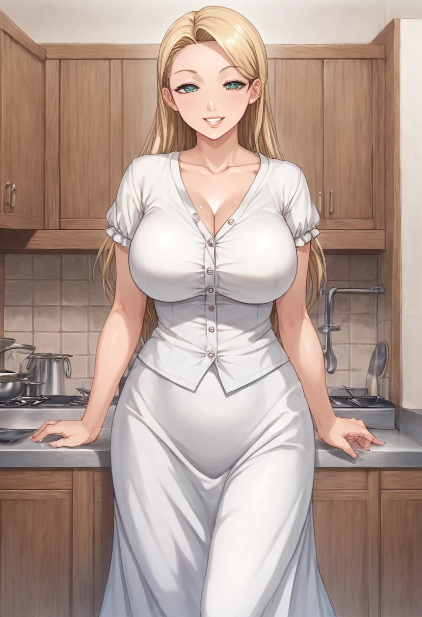 Anime, 2d anime, cartoon anime, detailed illustration, dynamic angle, ultra-detailed, illustration, full body shot, 1girl,  1950’s stay at home wife, button up blouse and long skirt, anime half closed eyes. A knowing smile, standing in kitchen, domestic goddess, blonde white American woman