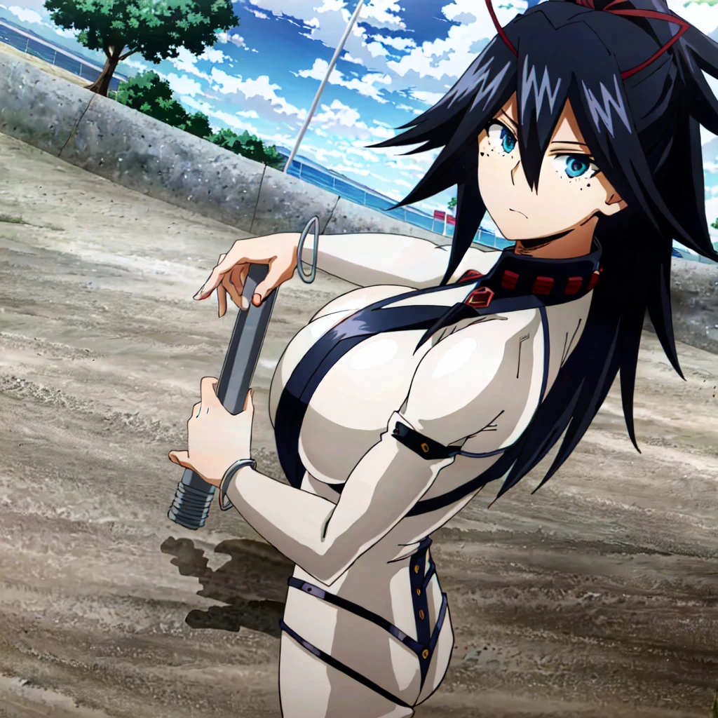 (extremely detailed CG unity 4k wallpaper),(masterpiece),(best quality),(ultra-detailed),(best illustration),(best shadow),(absurdres),(detailed background), Nemuri Kayama, 1girl, blue eyes, sky, mole under eye, solo, cloud, black hair, anime coloring, day, long hair, blue sky, outdoors, mole, tree, looking at viewer, looking back, mask, hair between eyes, closed mouth, huge breast, white latex suit 