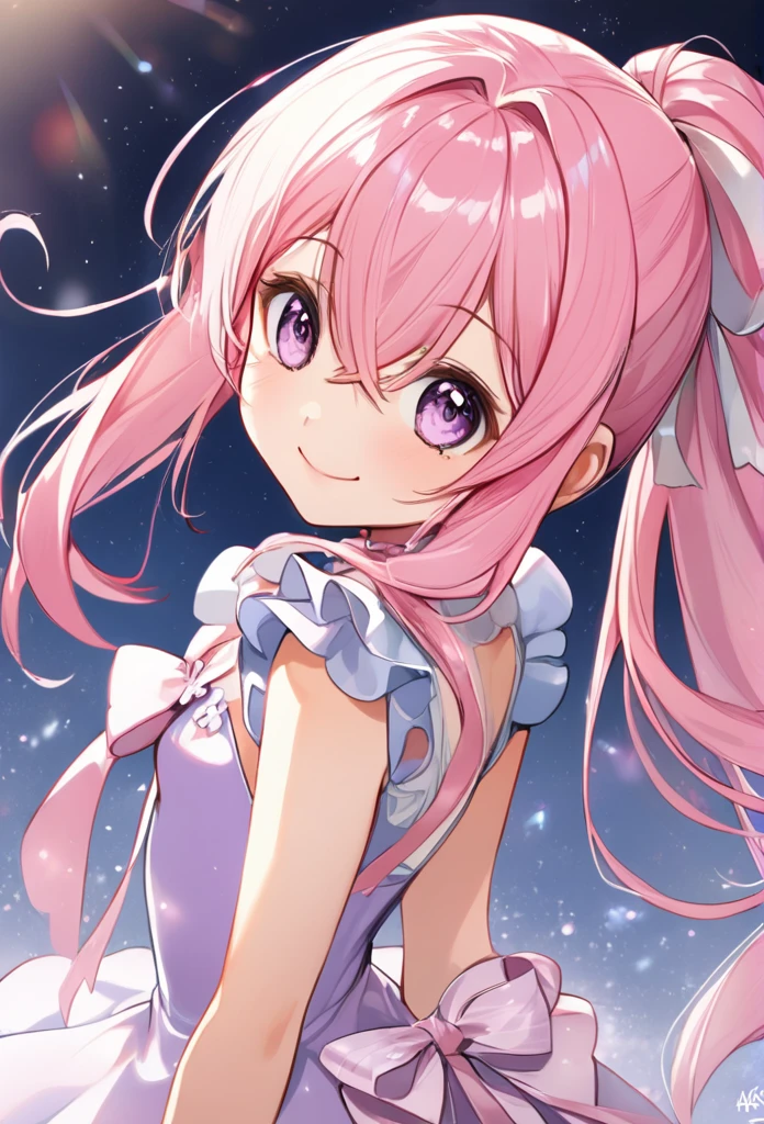 (((masterpiece)))(((Highest quality)))(((8K)))(((4K)))One Little Girl、10 years old、Straight Hair、voluminous ponytail(Pink Hair)Pink high ponytail、Ribbon on head、Crossed bangs、Light purple eyes、Squint your eyes、((Smile with your mouth closed))、(((Cute Mini Dresses)))、Small breasts, from behind、turn around、Upper Body、Anime Style