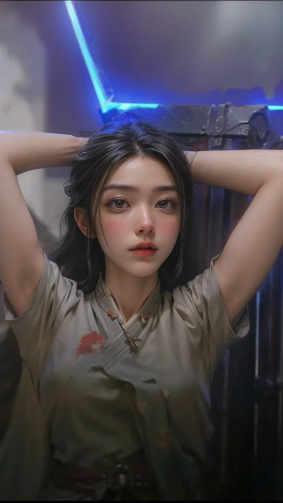 ((Masterpiece, Top Quality, High Resolution, Photorealistic, Raw, 8K wallpaper)), A female swordsman in Chinese clothes, Hero of the Three Kingdoms, (A large sword is held in both hands), She has long black hair tied back, wears iron armor and a red cape, Surrounded by enemy soldiers with a burning city in the background,