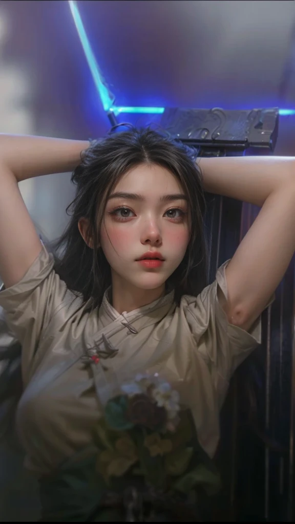 ((Masterpiece, Top Quality, High Resolution, Photorealistic, Raw, 8K wallpaper)), A female swordsman in Chinese clothes, Hero of the Three Kingdoms, (A large sword is held in both hands), She has long black hair tied back, wears iron armor and a red cape, Surrounded by enemy soldiers with a burning city in the background,