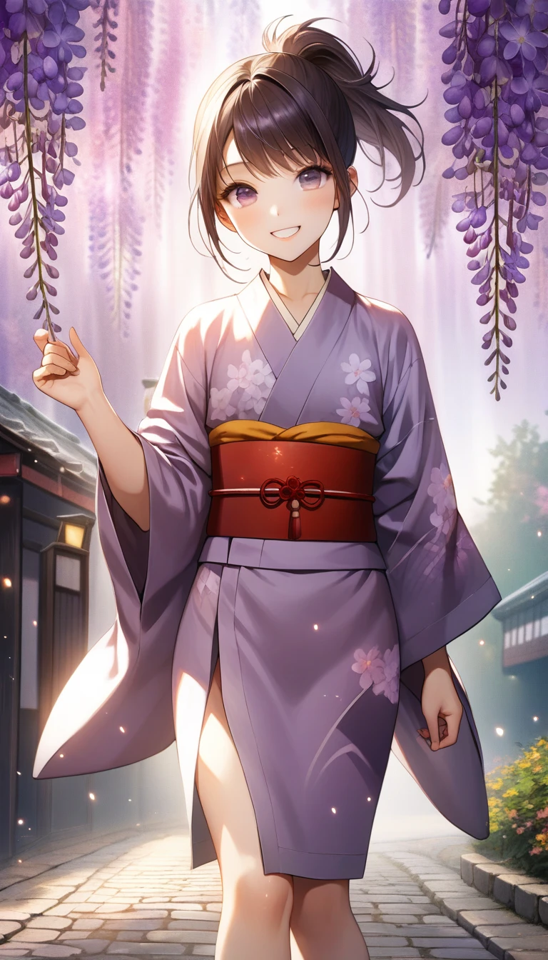 (((16k))), (((hight quality))), (((high-level image quality))), (((happy))), (((smile))), (((16k background))), (((((wisteria flowers background))))), (((mauve hair))), (((mauve eyes))), (((18 years old))), (((illustration))), (((hyperrealistic))), (((mauve light particles))), (((mauve kimono))), (((mauve Japanese clothes))), (((cobblestone))), (((1 girl))), (((short ponytail))), (((perfect anatomy))),