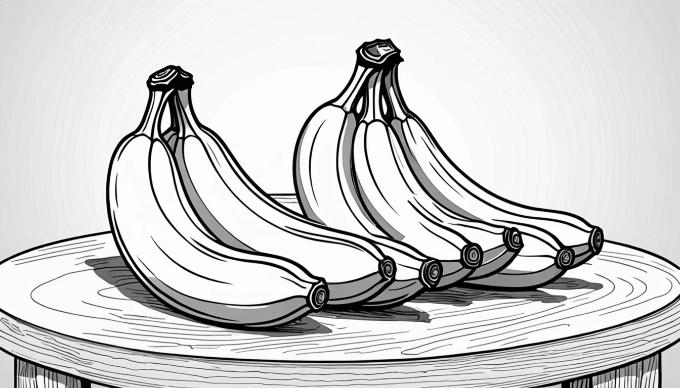 3 Bananas on the table. Children's coloring illustration. Black outline and white background. Picture size --ar 9:16--.