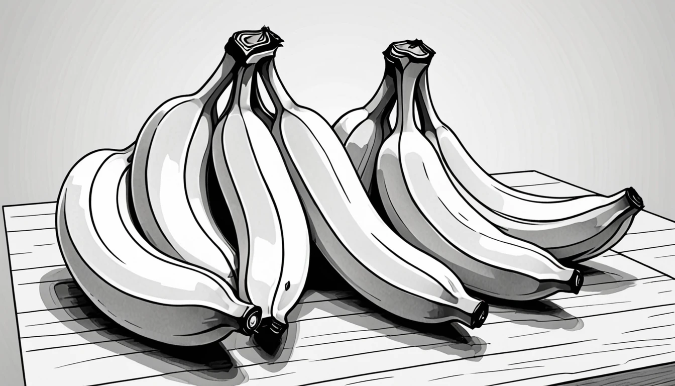 3 Bananas on the table. Children's coloring illustration. Black outline and white background. Picture size --ar 9:16--.