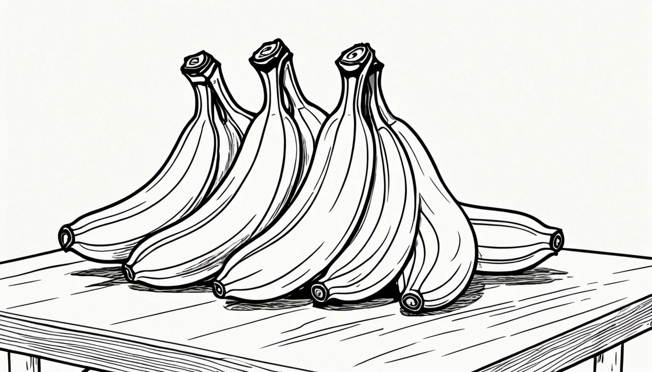 3 Bananas on the table. Children's coloring illustration. Black outline and white background. Picture size --ar 9:16--.