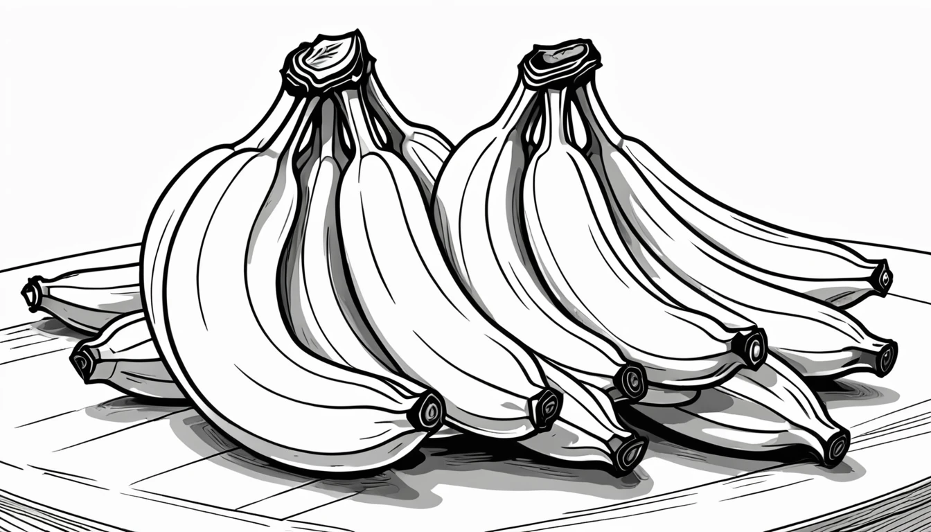 3 Bananas on the table. Children's coloring illustration. Black outline and white background. Picture size --ar 9:16--.