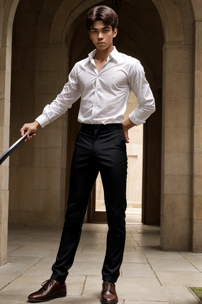A cinematic picture of a good-looking 17 year old boy who is a prince training with his sword. He is wearing a white shirt tucked into his black pants with brown shoes