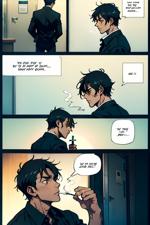 Guy with short black hair smoking and depressed, manga page with panels and dialogue