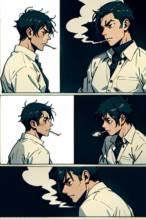  Guy with short black hair smoking and depressed, manga page with panels and dialogue    