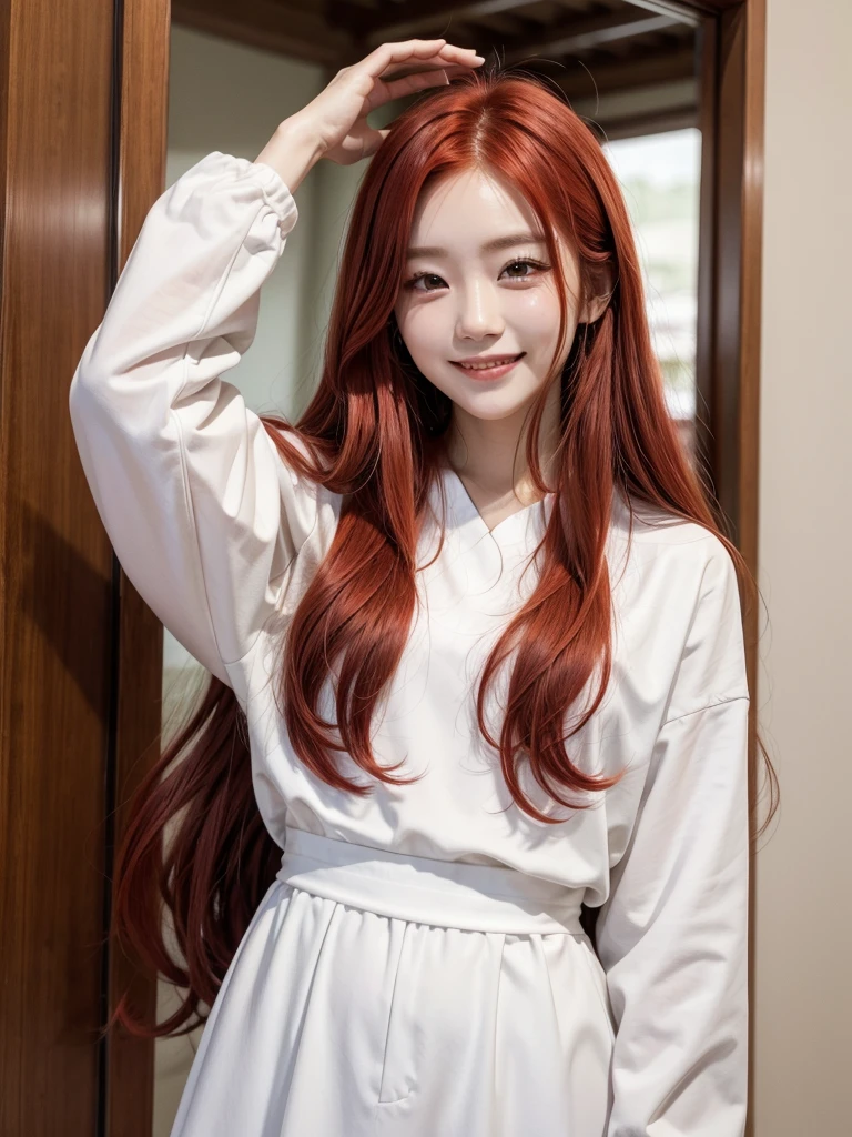 Korean with long red hair, white outfit, hair stuck, smiling face selfie