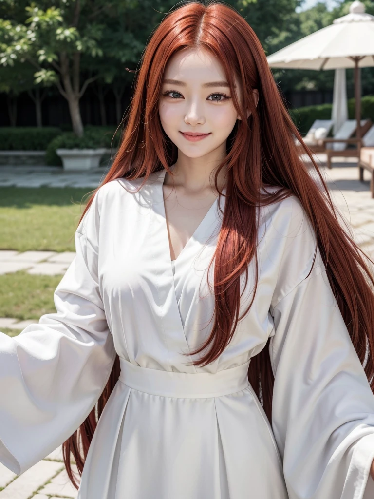  Korean with long red hair, white outfit, hair stuck, smiling face selfie