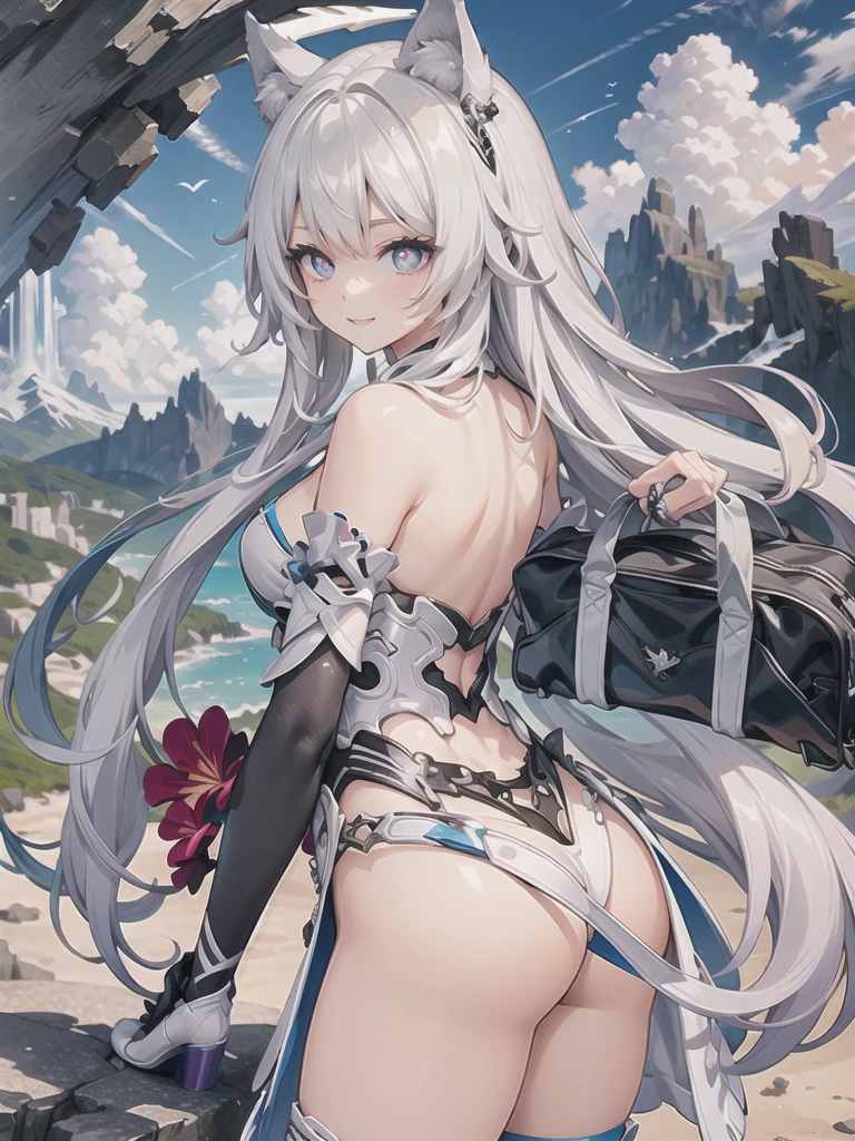 (extremely detailed CG, best qualityer:1.1), 1 girl, face perfect, shiny pupils, (beautiful finely detailed eyes:1.1), ((wolf ear)), ((Wolf tail)), with his back looking at the landscape from the top of the mountain, Broad Hips, narrow waisted, beautiful smile, pom pom (badass clothing), duffel bag, boots with leather trim, elbow gloves, bottom-up view
