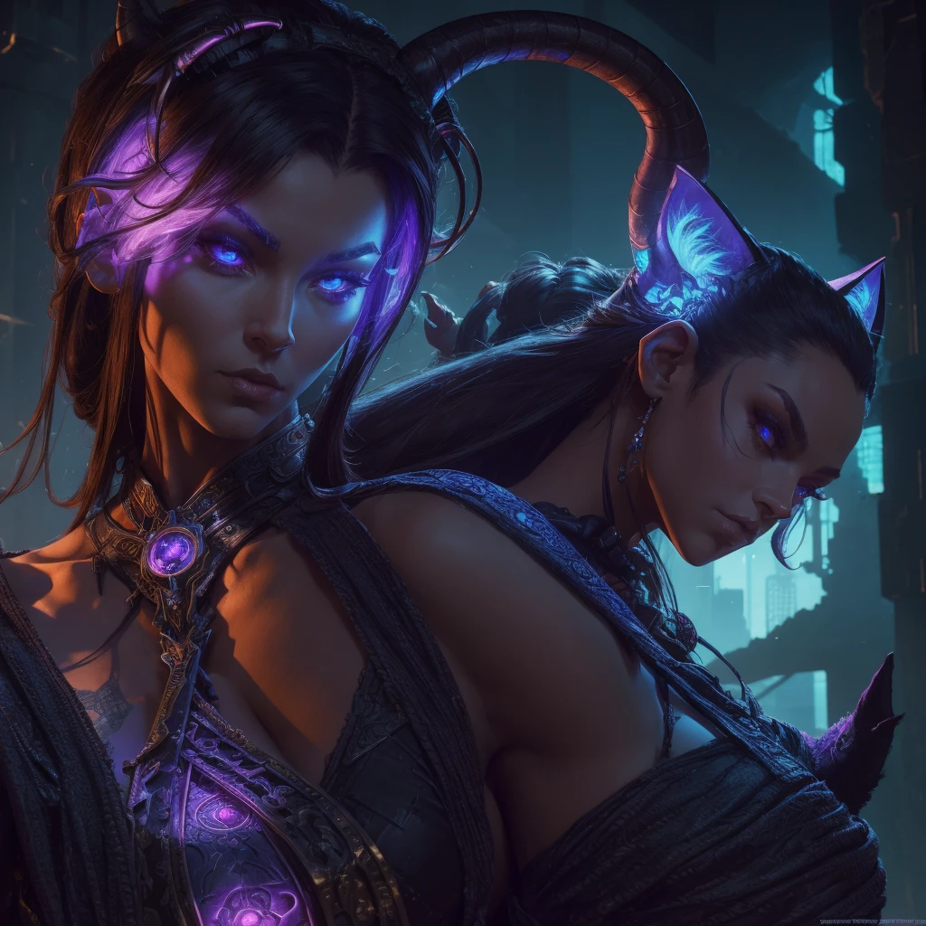 A beautiful tiefling woman, detailed face, giant cat pet, powerful, intricate fantasy cyberpunk outfit, cinematic lighting, dramatic colors, photorealistic, masterpiece, 8k, best quality