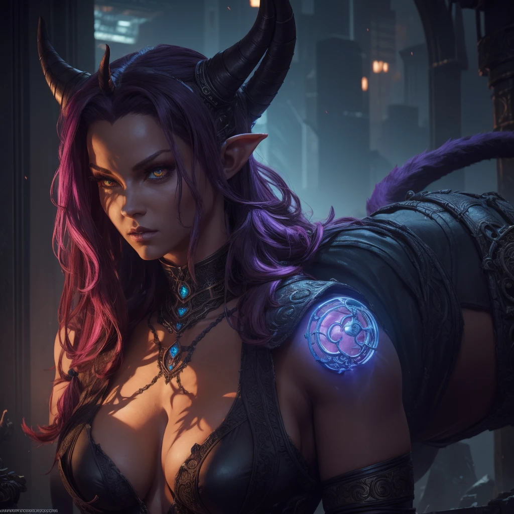 A beautiful tiefling woman, detailed face, giant cat pet, powerful, intricate fantasy cyberpunk outfit, cinematic lighting, dramatic colors, photorealistic, masterpiece, 8k, best quality