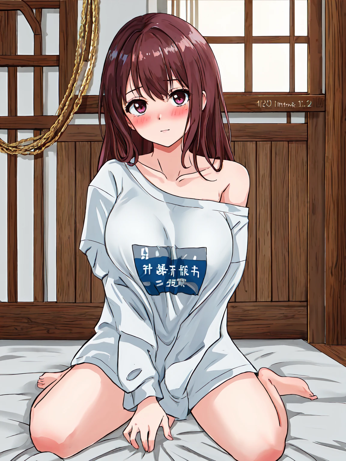 (masterpiece, Highest quality), One girl, Oversized shirt, off_shoulder, Blushing, Embarrassing, Innocent, Bedroom 、(Big Breasts:1.4)、(The valley is visible:1.2)
