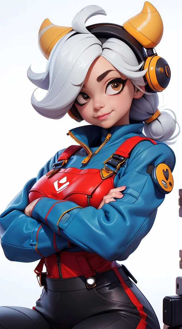 Um design de monstro fantz, Cute robots in space [Style-RustMagic]，female robot，half human, Masterpiece artwork， （Masterpiece artwork， maximum quality， best qualityer）， 1 girl， just， overalls， nedio breasts， cabelo longo e branco， White background， he used to smile， simple background， medium breasts， helmet， looking ahead at viewer， firm skin， sitting down， separated lips， overalls azul， the motorcycle， mitts pretas， mitts