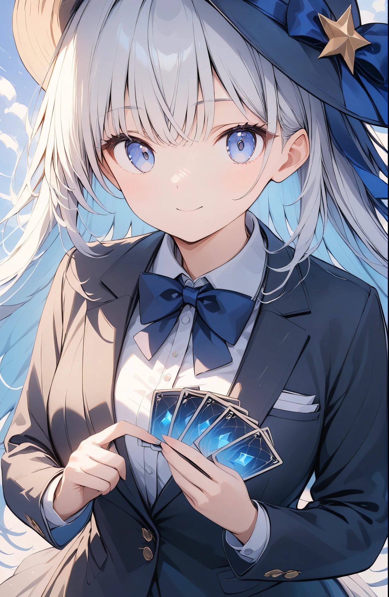 超High resolution, Attention to detail, high quality, High resolution, 最high quality, 4K, 8K, Awards, (artwork)、silk hat、magician、girl、Black suit with bow tie、Doing card magic、Trump cards fly all around、Light production、Fantastic Light,close-up、猫,(Pale colors)