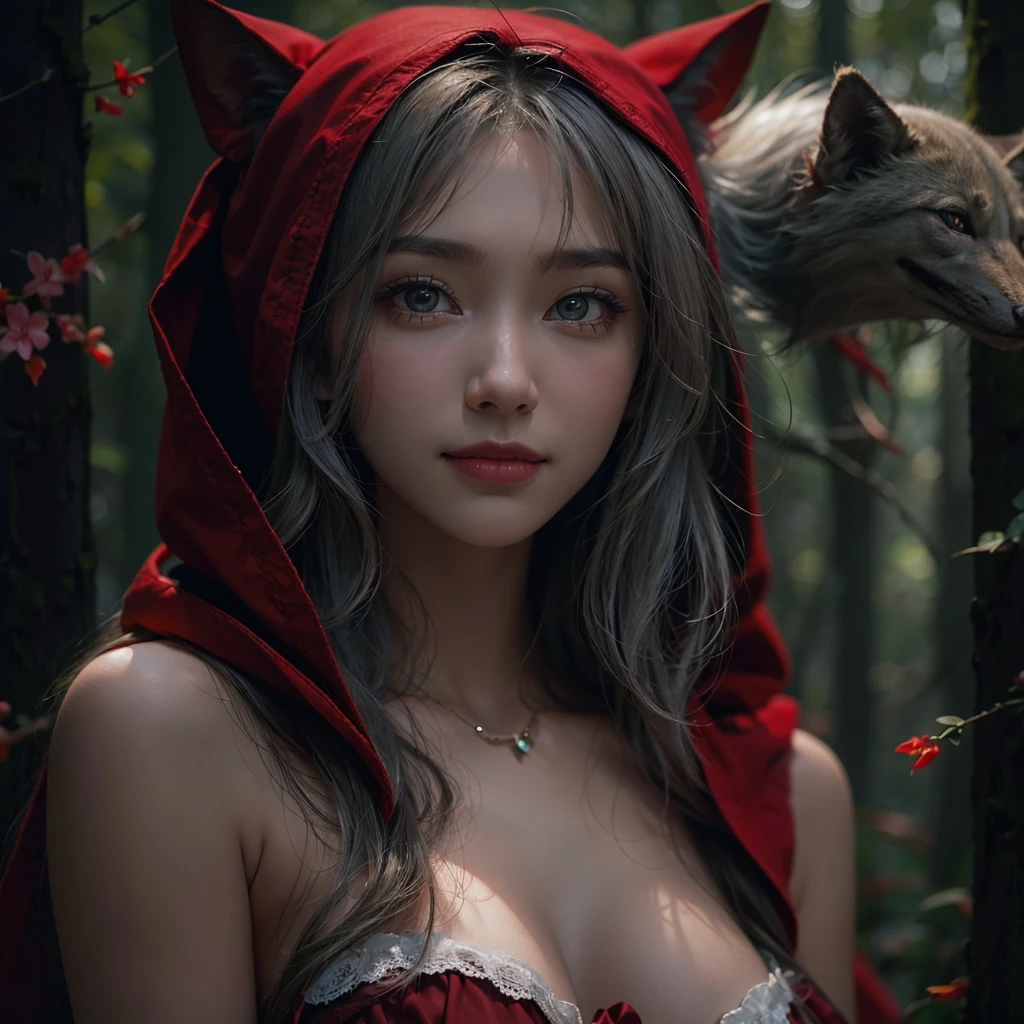 Standing in the forest、Hair flow、 ((Highest quality、masterpiece、8K、Best image quality、Ultra-high resolution、Award-winning works)、(Accurate anatomy:1.1)、(Look at me and smile:1.hining fair skin with Ultra-high resolution、The most detailed face、Ultra-high resolution detailed face、Ultra-high resolutionの髪の毛、(Ultra-high resolution eye:1.1)、Beautiful face drawn in every detail、little red riding hood Costume , Chest to chest, Strange atmosphere, A real werewolf stares at her........, Dark Light, in the forest , Heavy makeup