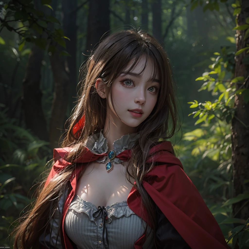 Standing in the forest、Hair flow、 ((Highest quality、masterpiece、8K、Best image quality、Ultra-high resolution、Award-winning works)、(Accurate anatomy:1.1)、(Look at me and smile:1.1)、Shining fair skin with Ultra-high resolution、The most detailed face、Ultra-high resolution detailed face、Ultra-high resolutionの髪の毛、(Ultra-high resolution eye:1.1)、Beautiful face drawn in every detail、little red riding hood Costume , Chest to chest, Strange atmosphere, A real werewolf stares at her........, Dark Light, in the forest , Heavy makeup