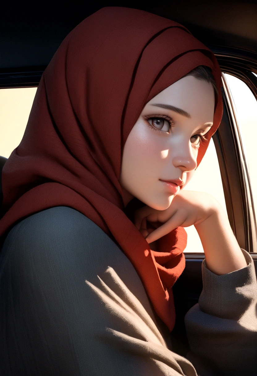 Photo portrait of a beautiful Bandung girl wearing a red hijab and dimples, around , (plain grey hijab), (portrait medium shot:1.3), dramatic light, Rembrandt lighting scheme, (hyperrealism:1.2), (8K UHD: 1.2), ( photorealistic:1.2), shot with Canon EOS 5D Mark IV, facial detail, skin texture detail. sitting on the car