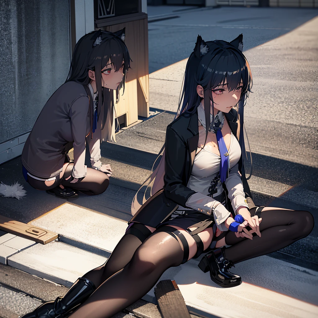hentai girl, sitting on the ground, spreading legs, wet dripping panty, upskirt, 20 year old girl, slutty outfit, leather clothes, exhausted body, shiny skin, sweating body, only underwear,