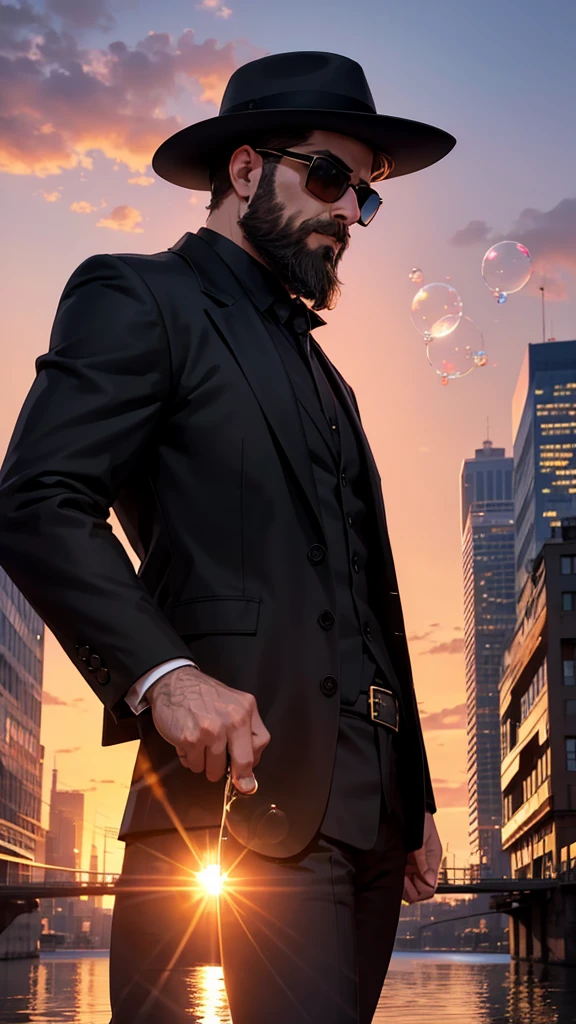 A city with a beautiful sunset with a bearded man in a black coat and sunglasses with the power to make soap bubbles