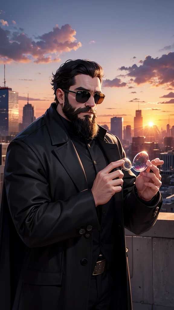 A city with a beautiful sunset with a bearded man in a black coat and sunglasses with the power to make soap bubbles  