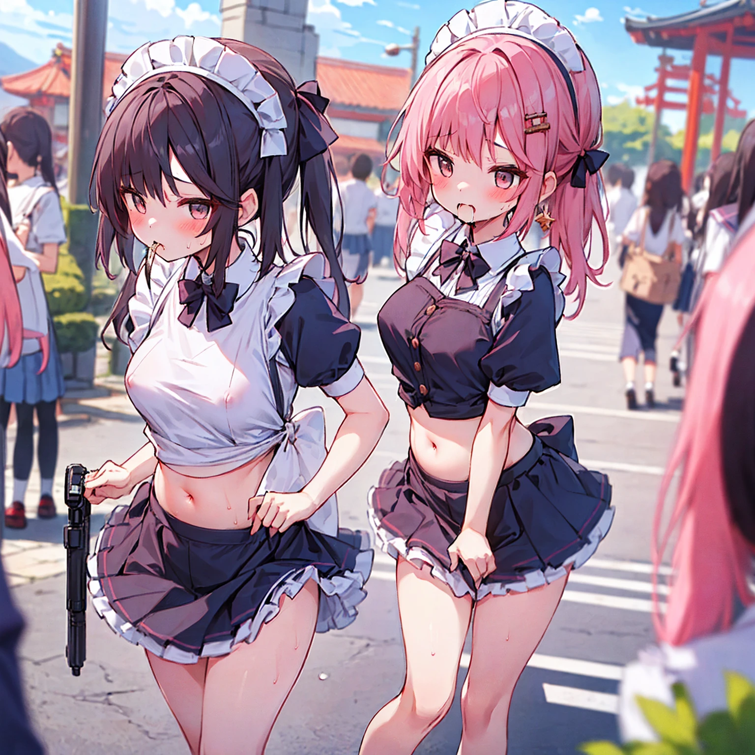 ((日本人のgirl1人、aldult)), ( small)), Black Hair、Brown Hair、masterpiece, 最high quality, high quality, Highly detailed 8K wallpapers,amusement park、Pink Hair、Tropical night、Extreme heat、Heavy breathing、breathe、Sweat、Head ornament、cute girls、Cute Maid、Bold Pose、(Shut your mouth.、Secrete saliva)、Big nipples、Wait for orders、No fixes、Tingling in the mouth、(girl、classmate、Squid Belly、)、（No underwear）、Beautiful flat breasts、（激しいSweat）、(Saliva volume:1.4）、(Elementary school girl、Cute belly、Prephysiology、Abdominal distention、Spreading pussy、Squirting）、（stroking the stomach:2）、(Beautiful Face）、（serving）、（Trembling in the lower back:2）、Life-size、In front of the camera、Walk with your feet together