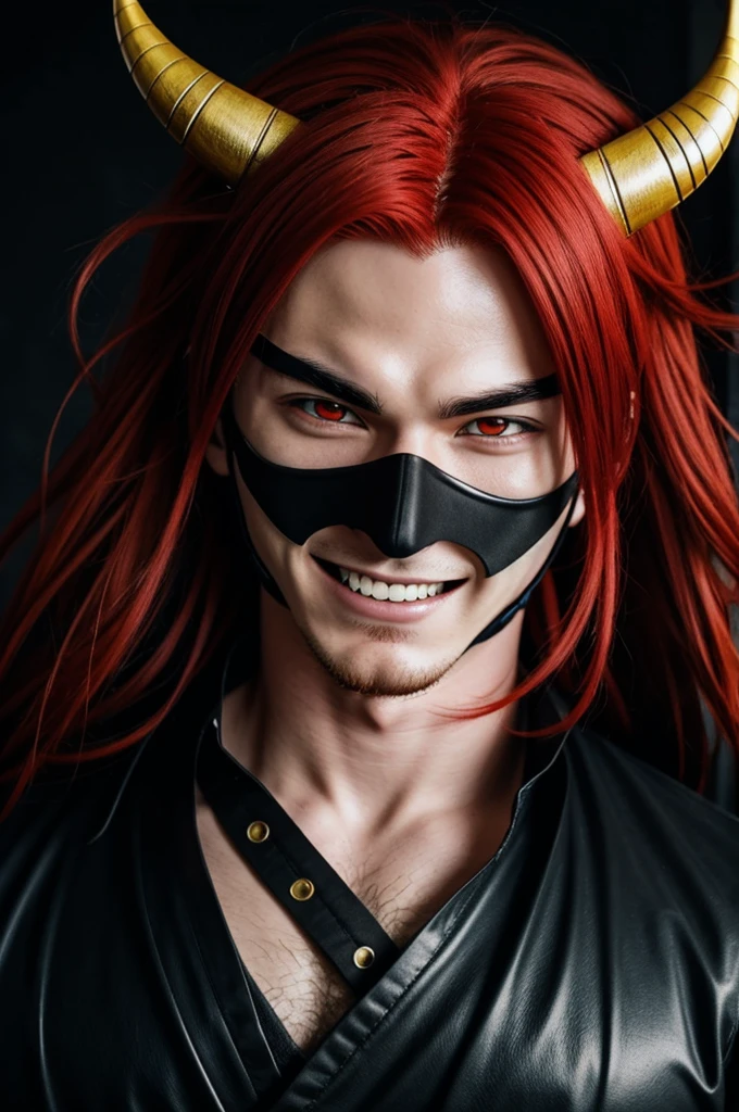A male anime or manga character who has red hair and has 2 anime manga demon horns who has a mask that only shows 2 shiny black eyes and a macabre smile