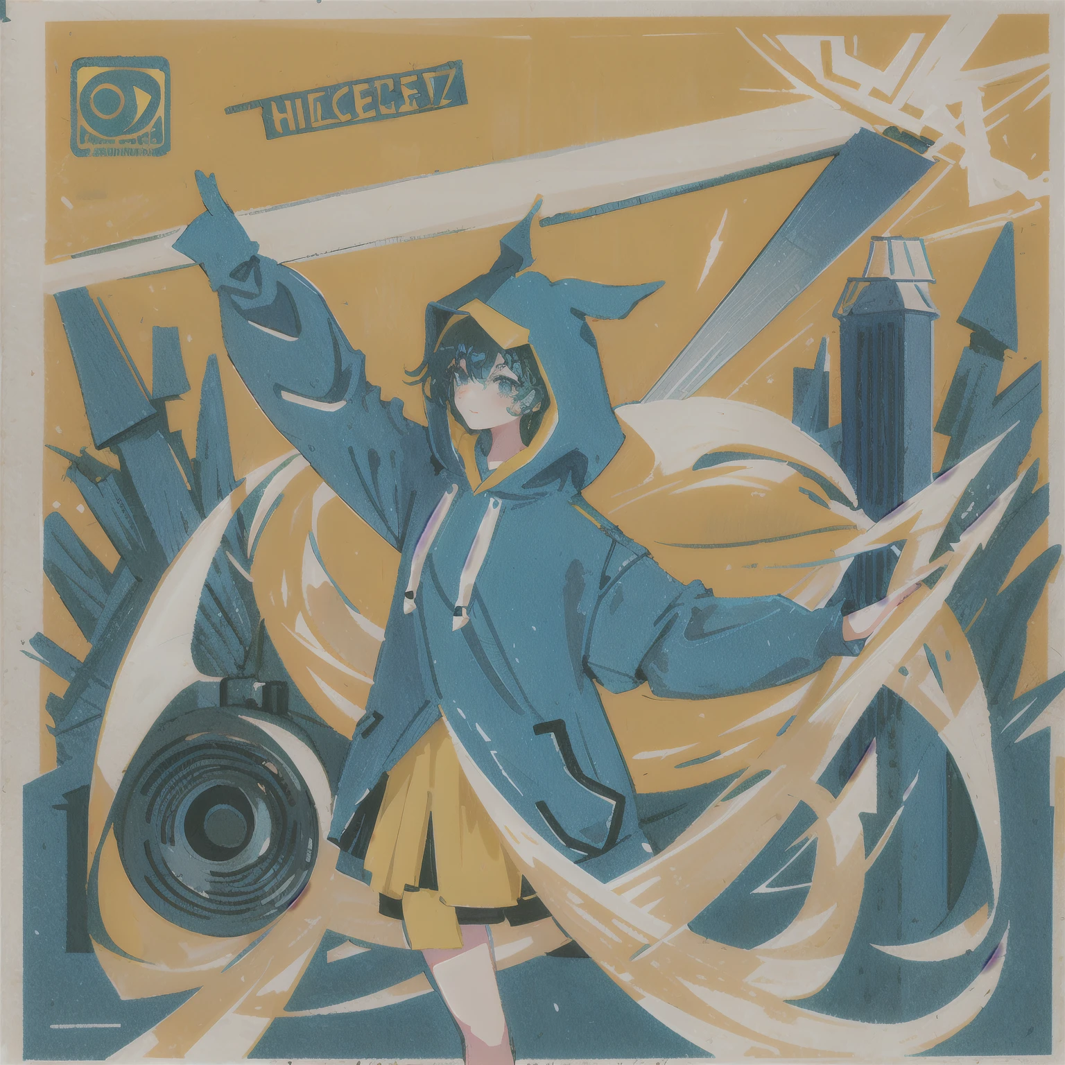 high quality、high resolution、(((One girl))), Dynamic pose, Giant Grass, Blue hoodie, Upper Body, Chicken Hair Ornament, ((Big loudspeaker)), Sly Smile, stamp, Halftone, Flat Color, Minimal, Simple Background, White Background, Blue background,