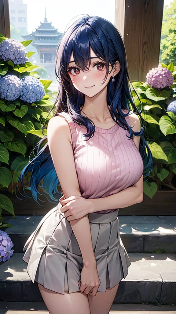 ((Highest quality)), ((High resolution)), ((masterpiece)), (detailed), (photograph),
View your viewers, Cowboy Shot, Written boundary depth, Anatomically correct, Mature Woman, Perfect Face, Cute and symmetrical face, Shiny skin,
(Long Hair, Blue Hair), Hair between the eyes, Chestnut brown eyes, Long eyelashes, (Big Breasts:0.9),
Beautiful Hair, Beautiful Face, Beautiful details, Beautiful clavicle, Beautiful body, Beautiful breasts, Beautiful thighs, Beautiful legs,
(Pink sleeveless sweater, White flared skirt),
(Beautiful views), Sun shower, Hydrangea, Temple grounds, Long staircase, 階段の周りにHydrangea, stand in the middle of the stairs, (Cute Smile),