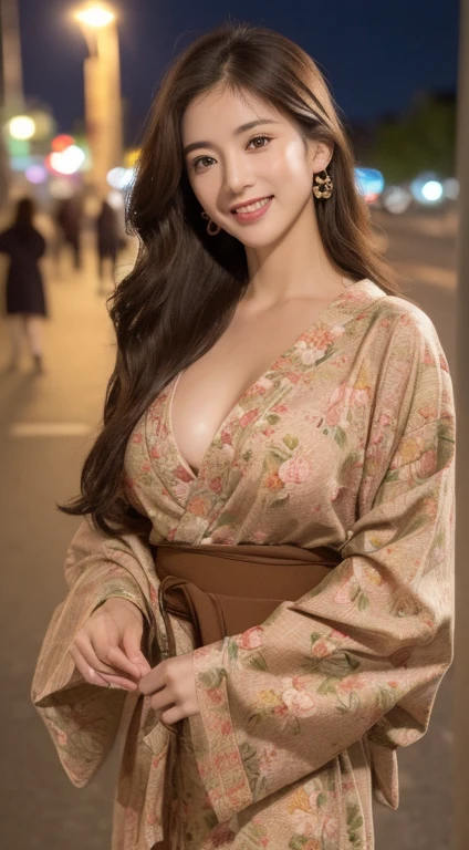 ((highest quality、8k、master piece:1.3))、Self snap、beautiful woman with perfect figure:1.4、(brown long hair、normal breasts:1.3)、(floral pattern yukata)、Highly detailed face and skin texture、detailed eye、double eyelid、laughter:1.5、Full body Esbian、~sacrifice to、in the street、night