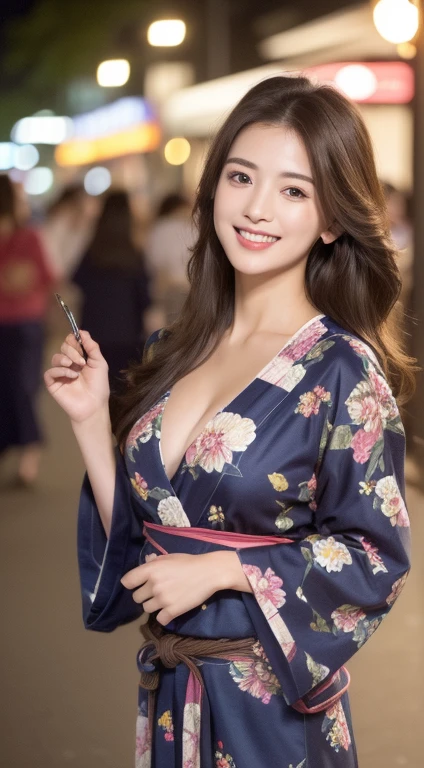 ((highest quality、8k、master piece:1.3))、Self snap、beautiful woman with perfect figure:1.4、(brown long hair、normal breasts:1.3)、(floral pattern yukata)、Highly detailed face and skin texture、detailed eye、double eyelid、laughter:1.5、Full body Esbian、～sacrifice to、in the street、night