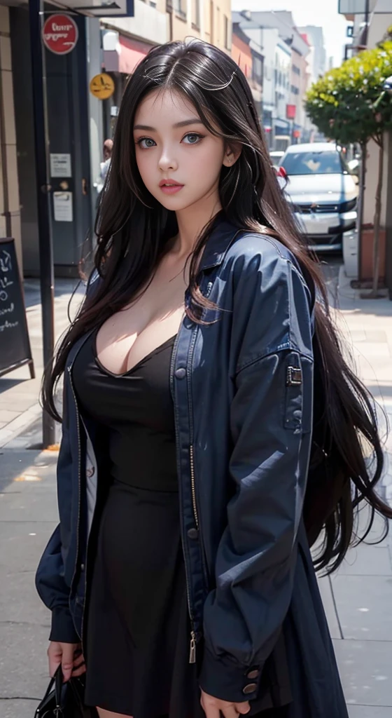 Girl, long black wavy hair, earing normal clothes, curvy body, blue eyes, american, , slightly voluptuous body, good body anatomy, blue eyes, round face, pukered lips, dark blue eyes, alfred asian, american, wearing attire, outside perfect curvious voluptuous body,
