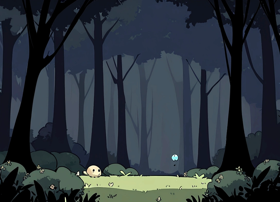 Generate a 2D cartoon game platformer mushy, background with a dark forest theme,no light and mushy dark cluster trees ambiance, without any foreground elements.