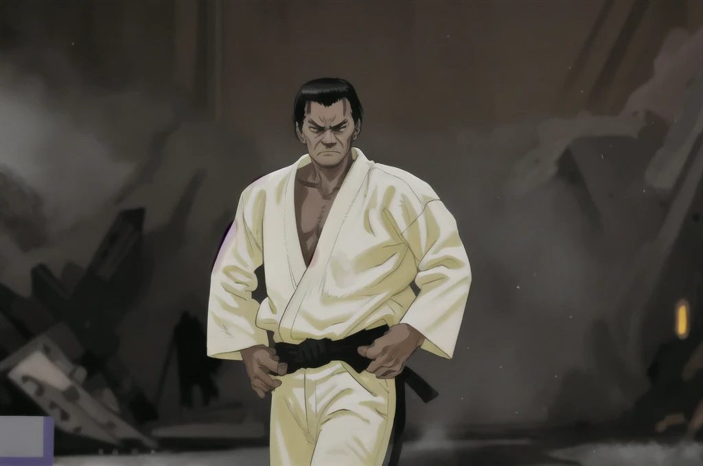 judo, man, hands waist, angry, comic manga style, black and white, High Definition, high quality, 4k, detailed
