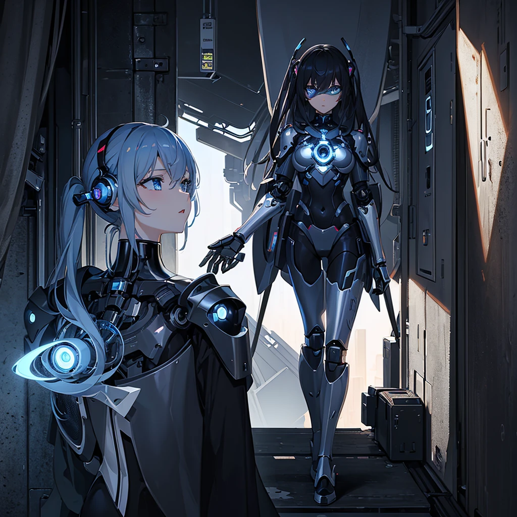 (masterpiece:1.2) (((32k))),(((Highest quality))), perfect woman, masterpiece, add_detail best quality, perfect anime girl, Poster, Futuristic, blue shades, robotic girl, love scene between a girl and a robot, girl and robot romantic scene, girl touching the robot's check, in love, romantic,