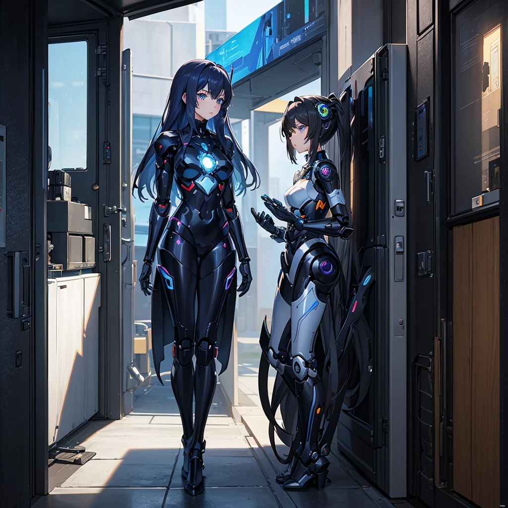 (masterpiece:1.2) (((32k))),(((Highest quality))), perfect woman, masterpiece, add_detail best quality, perfect anime girl, Poster, Futuristic, blue shades, robotic girl, love scene between a girl and a robot, girl and robot romantic scene, girl touching the robot's check, in love, romantic,