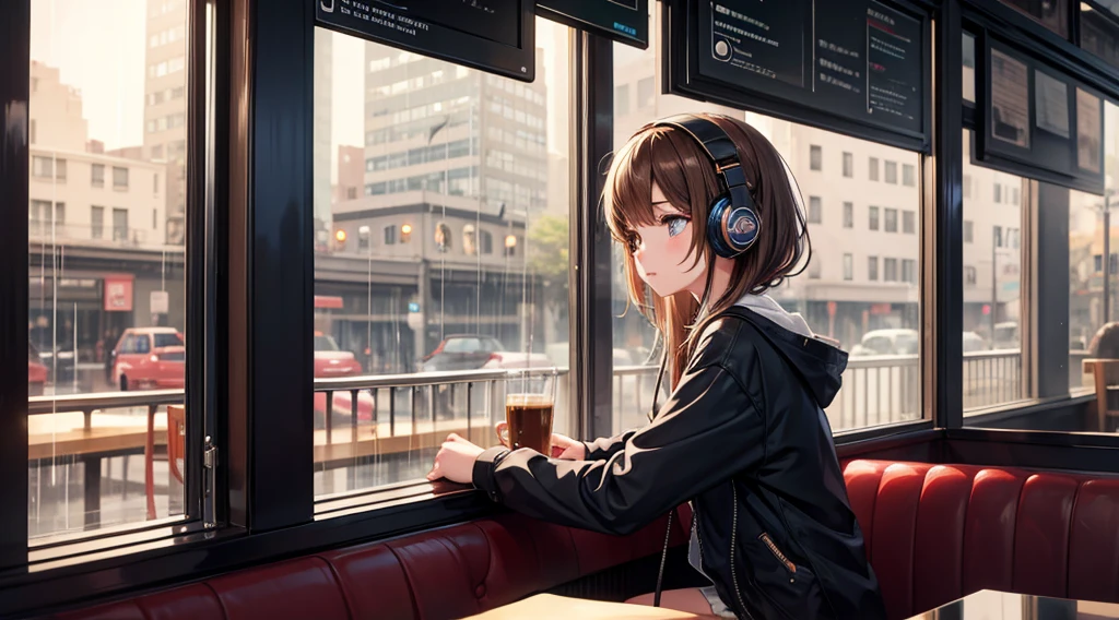 Girl listening to music with headphones in a cafe on a rainy day